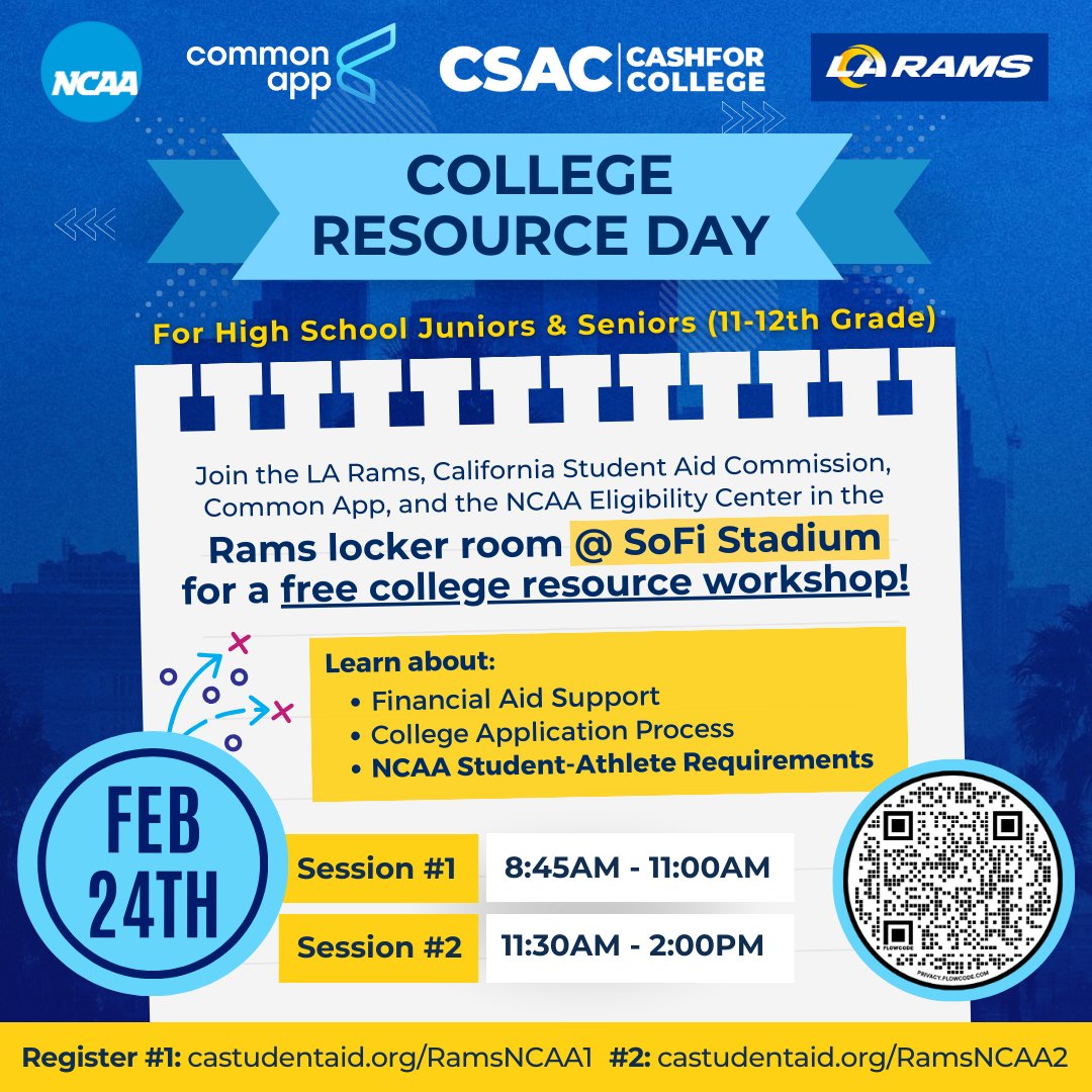 If you’re a High School Junior or Senior, check out the free College Resource Day at SoFi Stadium this Saturday, Feb. 24. Register at: castudentaid.org/RamsNCAA1 or castudentaid.org/RamsNCAA2

#college #collegeresources #CSAC #NCAA #ComptonUnified #Elevate
