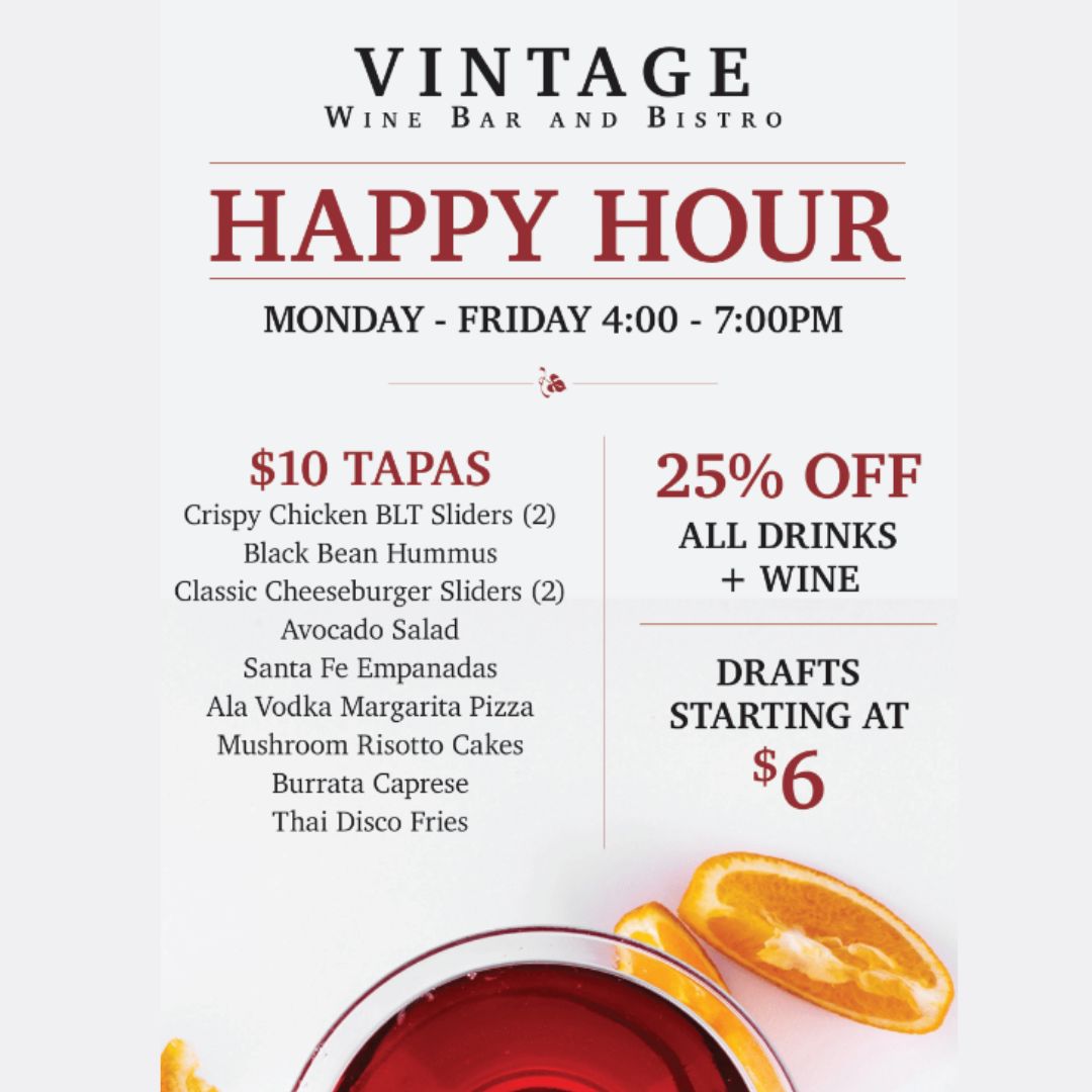 Check out our new Happy Hour Deals! $10 tapas, 25% off all drinks &amp; wine, and drafts starting at just $6!

buff.ly/3wqW2VA

#VintageWineBarAndBistro #Farmingdale #LongIsland #WineBar #LongIslandEats #Restaurant #HappyHour #Deals