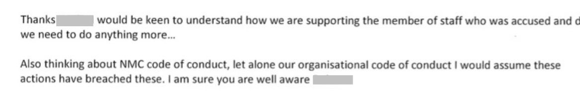 Just after I whistleblew- this sent by a nursing director. The perpetrator has always been supported. Again a threat of ⁦@nmcnews⁩ referral, which of course they encouraged.