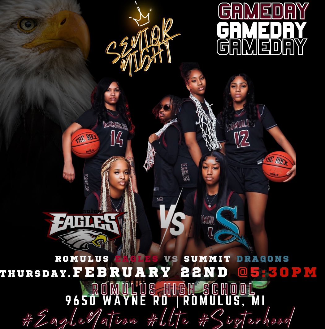 🚨🏀🦅GAME DAY ALERT🚨🏀🦅 

EAGLE NATION!! It’s GAME DAY!! Your Lady Eagles will take on the Summit Dragons in a double header with men’s basketball at home tonight. It’s a GREAT DAY to be an Eagle!

🆚️: Summit Dragons
🕕: Varsity @ 5:30 PM 
📍Romulus High School
🎟: $5