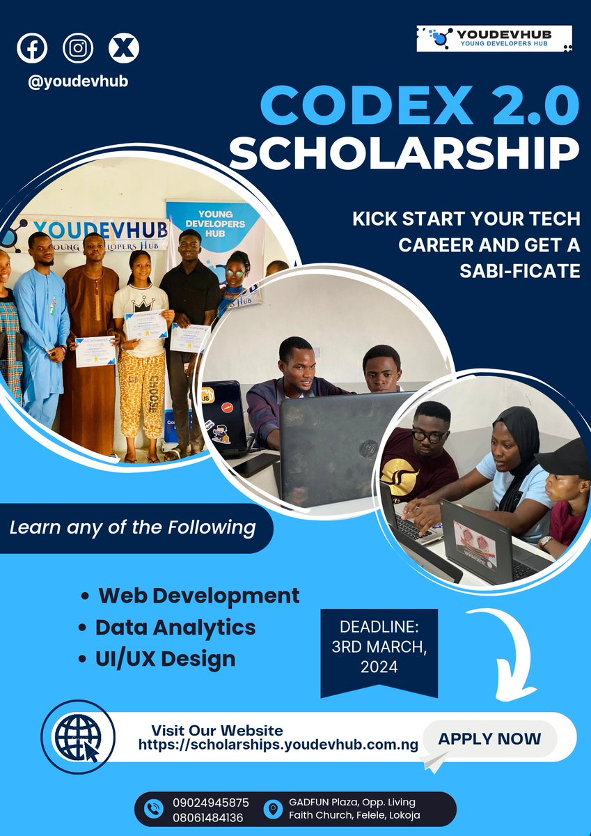 🚀 Attention all undergraduates in Kogi State! 🚀

🎓 Unlock Your Potential with YouDevHub's 3-Month CODEX 2.0 Scholarship! 🎓

Are you ready to take your skills to the next level? Don't miss this golden opportunity to soar in the world of technology! 

YouDevHub is thrilled to