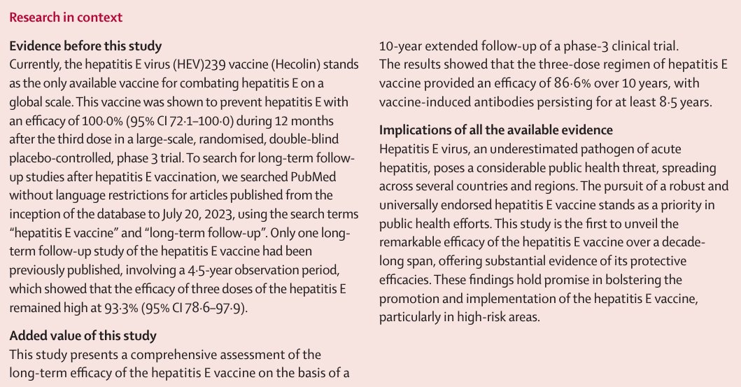 Hepatitis E virus is an underestimated pathogen of acute hepatitis. The pursuit of a robust hepatitis E vaccine stands as a priority in public health efforts.

A new study presents a comprehensive assessment of the long-term efficacy of the vaccine: hubs.li/Q02lY9D-0