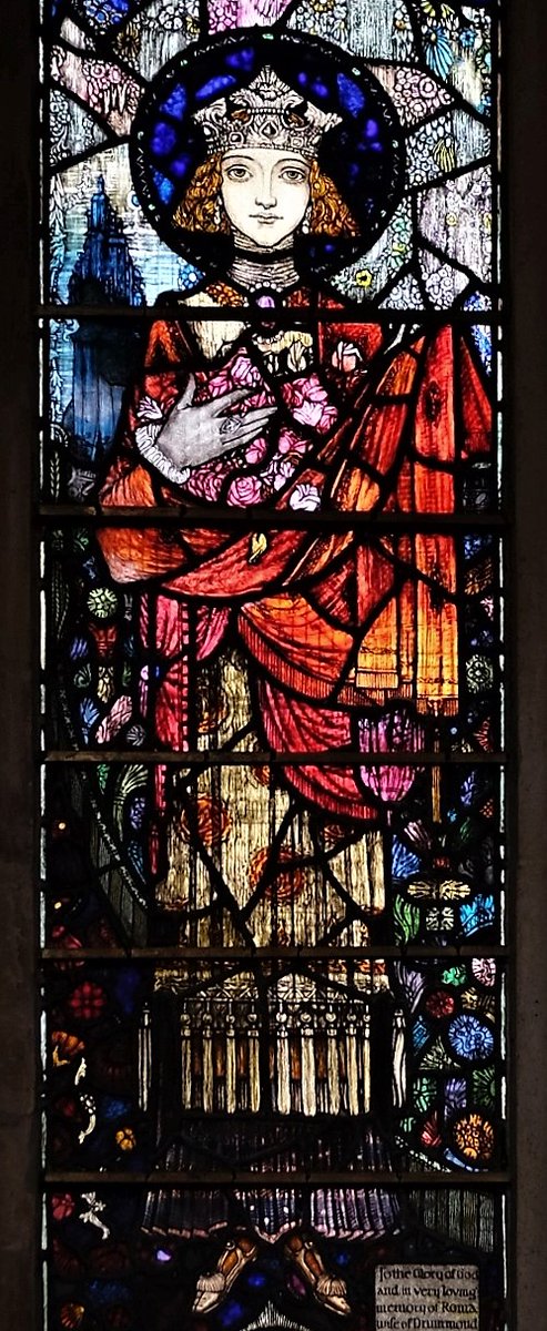 Sturminster Newton #Dorset  
As a finale to my round up of favourite #StainedGlassEveryday, a panel from the fabulous Harry Clarke window of 1921, depicting St Elizabeth of Hungary, patron saint of nurses. 📸: my own @BSMGP @todbooklady @StroudStory @CathyRLowe  @StargazingAleta