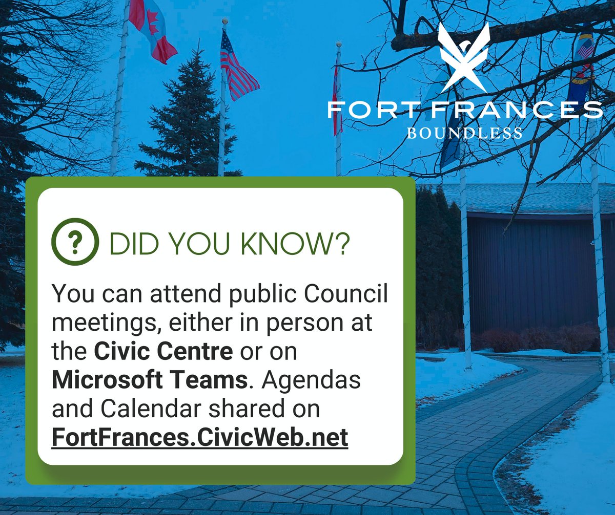 Council meetings, along with our other Committees, have their calendars, agendas, member bios, and member lists can all be found at FortFrances.CivicWeb.Net

#FortFrances #RainyRiverDistrict #Municipality #CouncilMeetings #CouncilUpdates #CouncilAgendas #NorthwesternOntario