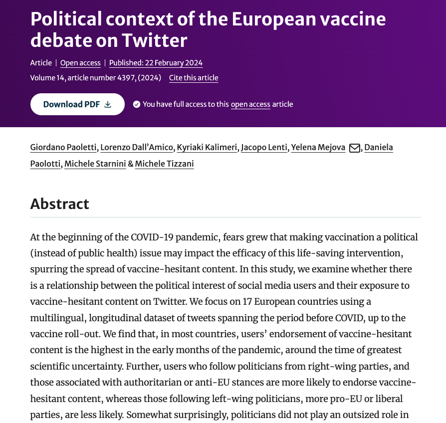 Yelena Mejova (@yelenamejova) on Twitter photo Is #vaccination public health or a political issue?
Our latest paper explores the intertwining of #politics with vaccination debate on Twitter during COVID in *17* European countries
link.springer.com/article/10.103…
<a href="/PaolettiGiordan/">Paoletti Giordano</a> <a href="/danielapaolotti/">Daniela Paolotti</a> <a href="/KyriakiKalimeri/">Kyriaki Kalimeri</a> <a href="/m_starnini/">Michele Starnini</a> <a href="/mic_tiz/">Michele Tizzani</a> Is #vaccination public health or a political issue?
Our latest paper explores the intertwining of #politics with vaccination debate on Twitter during COVID in *17* European countries
link.springer.com/article/10.103…
<a href="/PaolettiGiordan/">Paoletti Giordano</a> <a href="/danielapaolotti/">Daniela Paolotti</a> <a href="/KyriakiKalimeri/">Kyriaki Kalimeri</a> <a href="/m_starnini/">Michele Starnini</a> <a href="/mic_tiz/">Michele Tizzani</a>