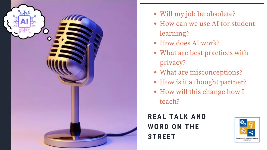 Maria Garcia-Rios (@sparksofinquiry) on Twitter photo Shout out to our AI Task Force and the expertise of <a href="/NEISDiTech/">NEISD Instructional Technology</a> which is preparing common messaging and best practices when interacting with AI.
There has been some đ dialogue, sparking natural Qs during PDs that continue to shape the next steps. Stay tuned! #empoweringothers Shout out to our AI Task Force and the expertise of <a href="/NEISDiTech/">NEISD Instructional Technology</a> which is preparing common messaging and best practices when interacting with AI.
There has been some đ dialogue, sparking natural Qs during PDs that continue to shape the next steps. Stay tuned! #empoweringothers