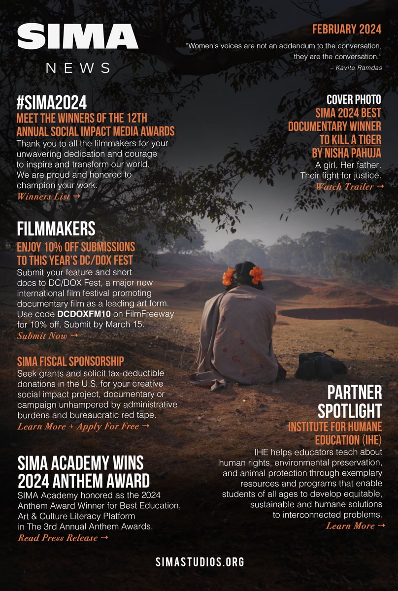 SIMA News | February 2024 — Congratulations #SIMA2024 Winners; Filmmakers enjoy 10% off submissions to @dcdoxfest; @SIMAacademy wins 2024 @anthemawards; Partner Spotlight on The Institute for @HumaneEducation + @tokillatigerdoc MORE👉 bit.ly/SIMAFeb2024New…
