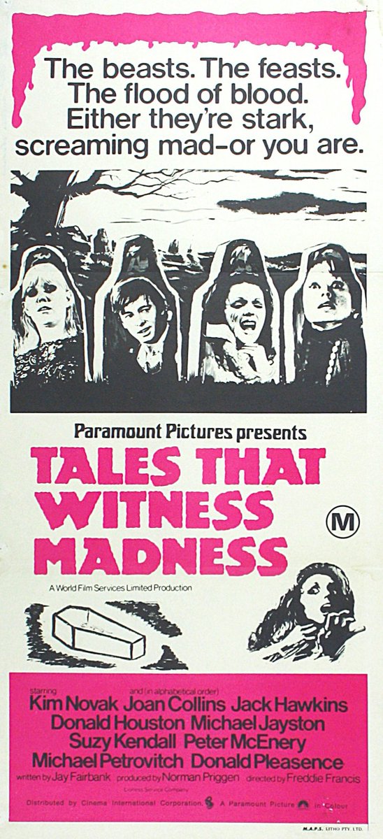 Australian movie poster for #TalesThatWitnessMadness (1973 - Dir. #FreddieFrancis) #JackHawkins #DonaldPleasence #JoanCollins #SuzyKendall #KimNovak