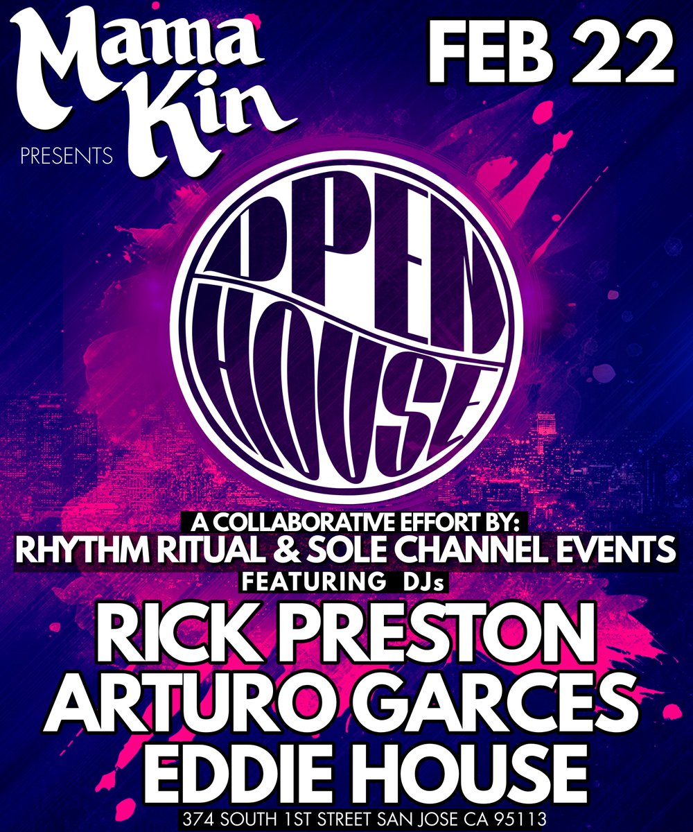 OpenHouseSJ's tweet photo. Join us tonight, Thursday, February 22nd, at Mama Kin in downtown San Jose for @OpenHouseSJ! We're excited to have @RickPreston  joining us alongside resident DJs @arturogarces &amp; @AIROWDEEP, bringing you house music all night. The music is from 9 pm until late &amp; no cover charge. https://t.co/QDn46XUe5H