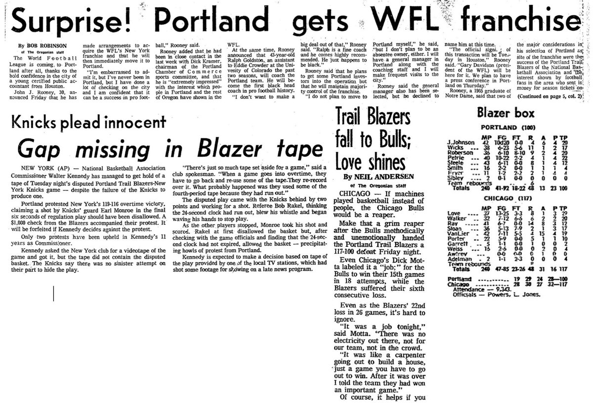 77Blazers's tweet photo. Feb 22 1974 - #SidneyWicks scored 17 points, breaking a streak of 30 games of 20 or more points as the @trailblazers fall to the @chicagobulls 

#BobLove led all scorers with 29 points with his front-court mate #ChetWalker adding 20 more points. #NormVanLier scored 19 and passed for 15 assists.

The #Blazers were led by @GeoffPetrie and his 22 points with #JohnJohnson and #RickRoberson each adding 20 points. Wicks was 6 of 23 FGA and added 11 rebounds.

In other local sports news, the #WorldFootballLeague will have a team in #Portland for the inaugural 1974 season.

#RipCity  #ThisDateinBlazersHistory