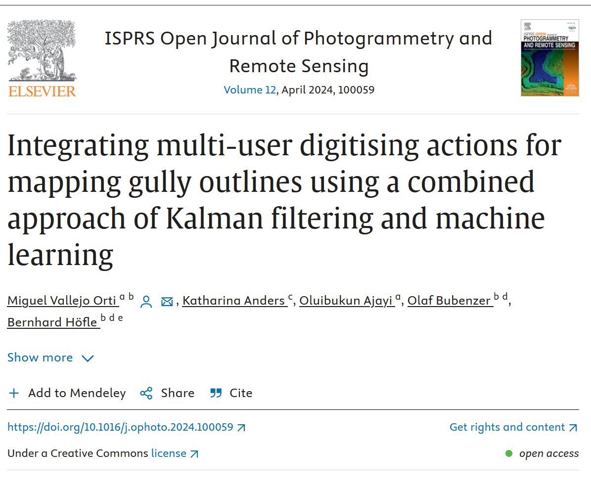 Now the published final version of our brand new article "Integrating multi-user digitising actions for mapping gully outlines using a combined approach of Kalman filtering and machine learning" can be found here: doi.org/10.1016/j.opho…