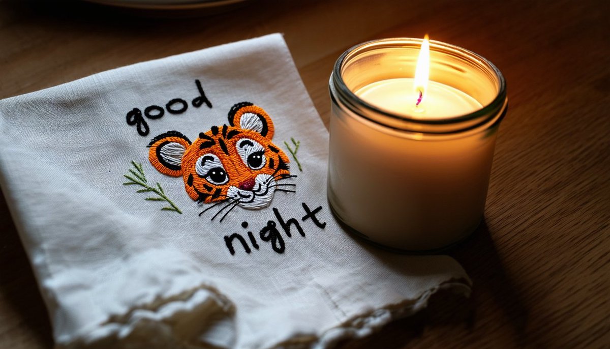 Prompt: Resting on the kitchen table is an embroidered cloth with the text 'good night' and an embroidered baby tiger. Next to the cloth there is a lit candle. The lighting is dim and dramatic. #StableDiffusion3 #SD3 coming to <a href="/imagineappco/">Imagine App</a>