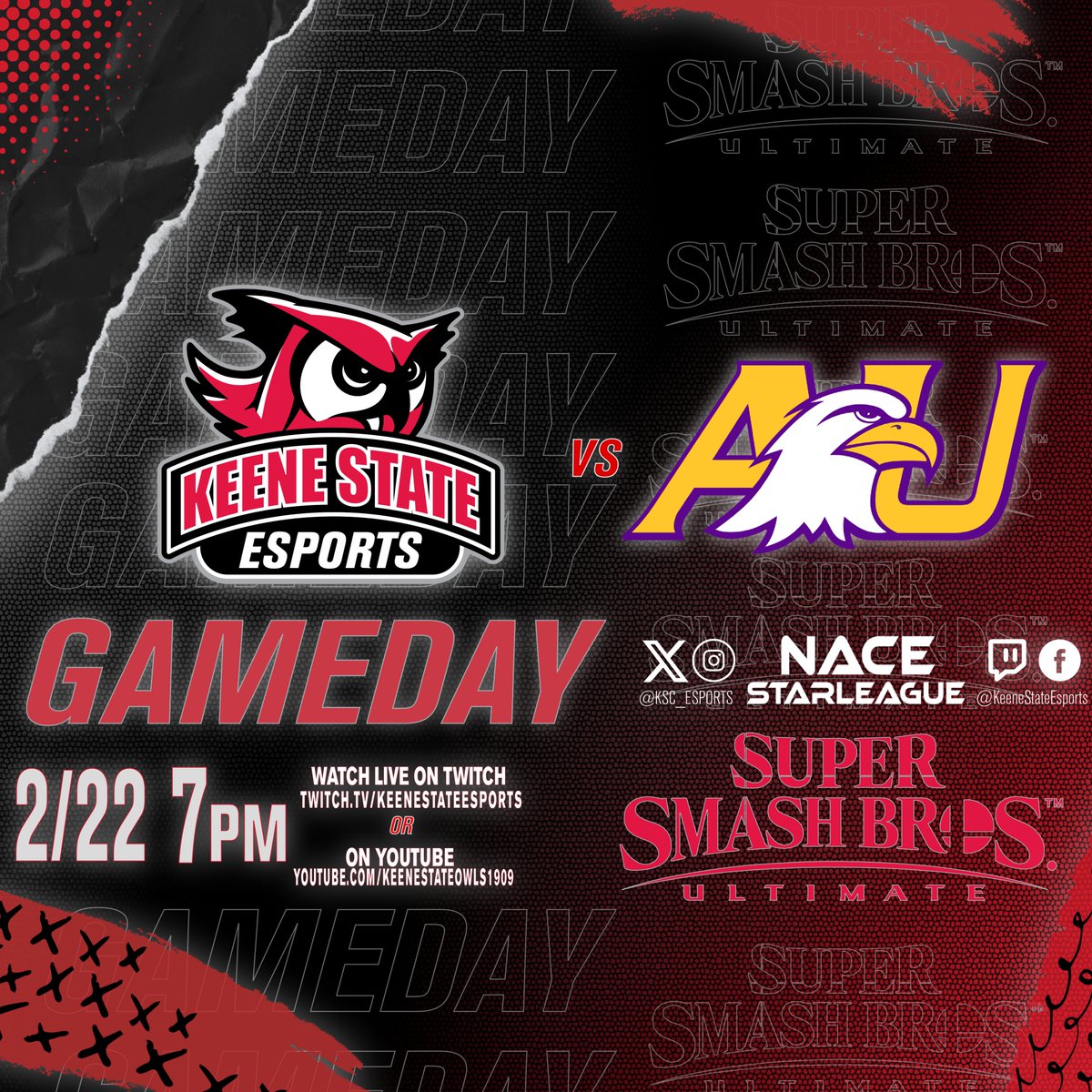 KSC_Esports's tweet image. ARE YOU READY!

Get ready for the Keene State Super Smash Bros. Ultimate team to face off against Ashland University tonight at 7pm!

Watch LIVE!👉&amp;amp;7 PM EST
🔗twitch.tv/KeeneStateEspo…
OR
🔗youtube.com/@keenestateowl…

#owlsareop #keenestatecollege