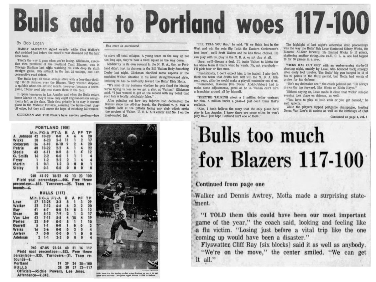77Blazers's tweet photo. Feb 22 1974 - #SidneyWicks scored 17 points, breaking a streak of 30 games of 20 or more points as the @trailblazers fall to the @chicagobulls 

#BobLove led all scorers with 29 points with his front-court mate #ChetWalker adding 20 more points. #NormVanLier scored 19 and passed for 15 assists.

The #Blazers were led by @GeoffPetrie and his 22 points with #JohnJohnson and #RickRoberson each adding 20 points. Wicks was 6 of 23 FGA and added 11 rebounds.

In other local sports news, the #WorldFootballLeague will have a team in #Portland for the inaugural 1974 season.

#RipCity  #ThisDateinBlazersHistory