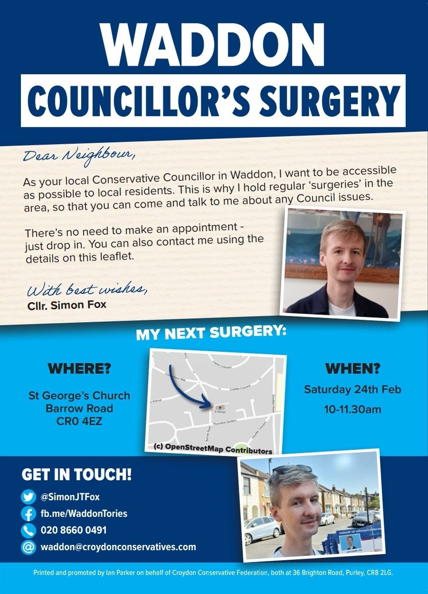 SimonJTFox's tweet photo. Waddon residents are warmly invited to my monthly ward surgery this Saturday, 10am at St George's 

No appointment necessary, so if you have any council related issues, come and say hi! https://t.co/hFOJdfWuhE