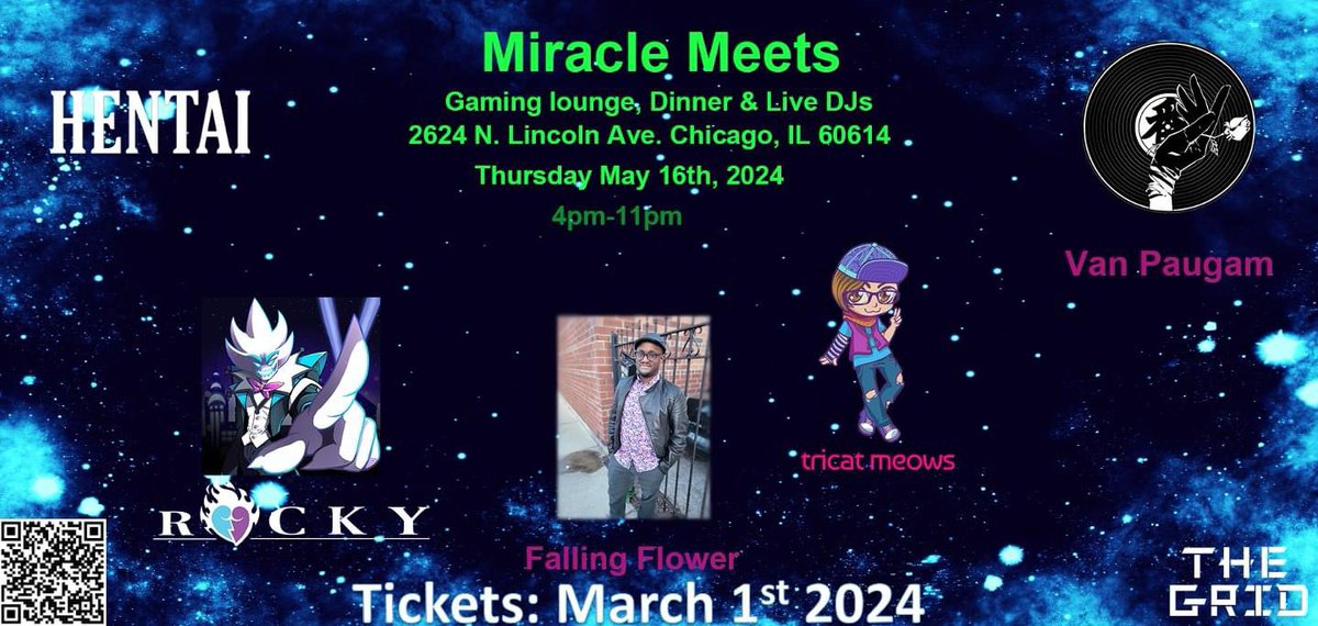 Miracle Meets 2024 announcement!

Tickets go on sale the morning of March 1st!  Come out before ACEN for a good meal, live music, cosplay contests, free pool and video games!

facebook.com/events/s/mirac…