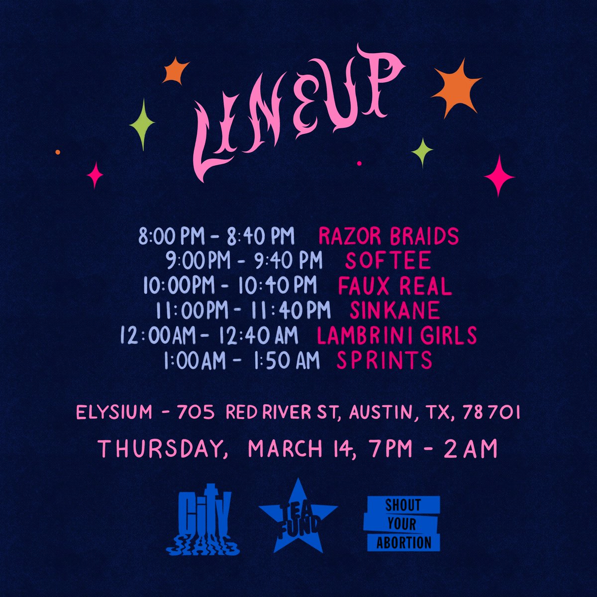 WE ARE HYPED 

This year’s City Slang Showcase at @sxsw is on Thursday, March 14th at Elysium from 7pm - late! 
BE THERE 🧨

@RazorBraids 
@Softeepopstar 
Faux Real
@Sinkane 
@Lambrini_Girls
@SPRINTSmusic

Proceeds go @TEAFund and  #shoutyourabortion
Artwork Jonah G. Piersanti