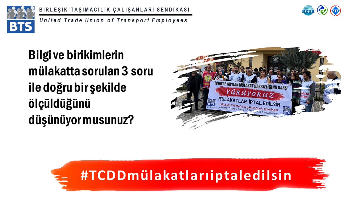 BtsAnkaraSube's tweet photo. Mülakat değil liyakat istiyoruz
#TCDDmülakatlarıiptaledilsin https://t.co/rPLiGBBQVR