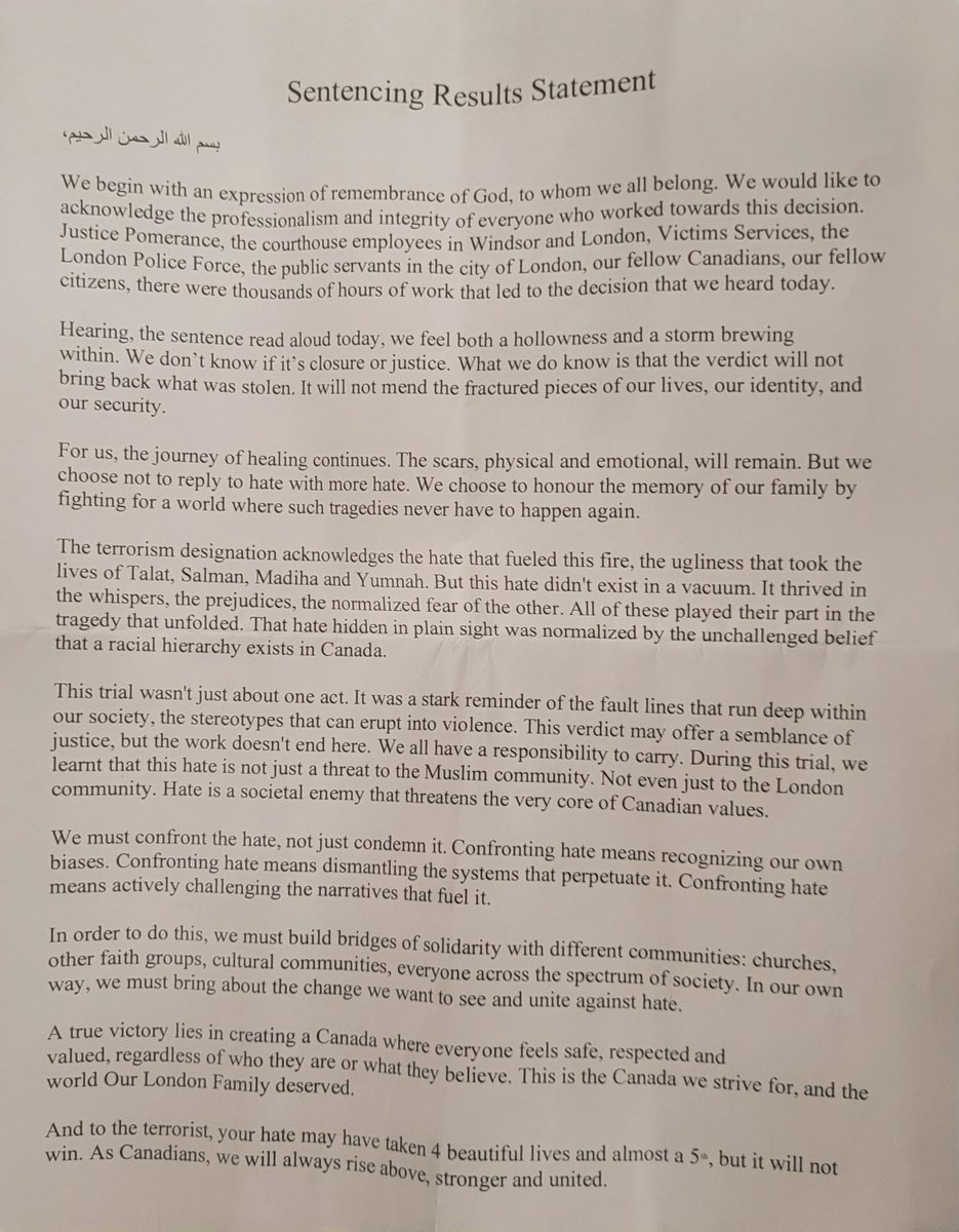 MominYQureshi's tweet photo. The statement from members of the Afzaal family following the sentencing is one of the most moving and powerful statements I have ever read.  

It is worth taking the time to read it in full. https://t.co/leJiibPsBU