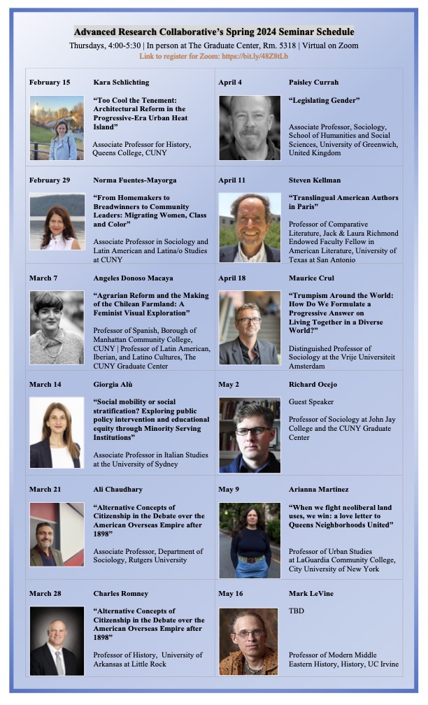 Our weekly seminar schedule in Spring 2024 is below, join us in one or more of the sessions!   Zoom register here: bit.ly/48Z8tLb