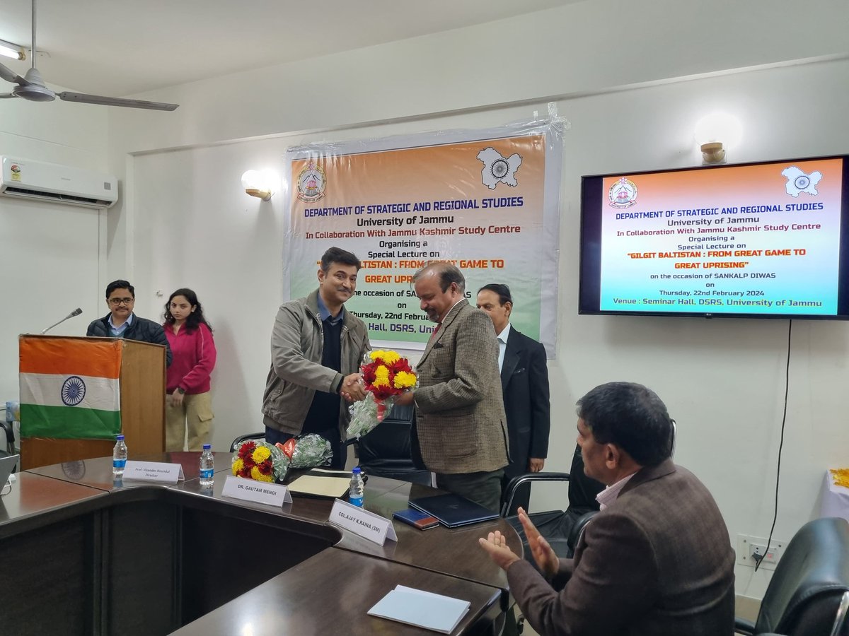 The Department of Strategic and Regional Studies (DSRS), University of Jammu, in collaboration with Jammu Kashmir Study Centre (JKSC) today organized a Public Lecture on “Gilgit-Baltistan: From Great Game to Great Uprising” to commemorate Sankalp Diwas.