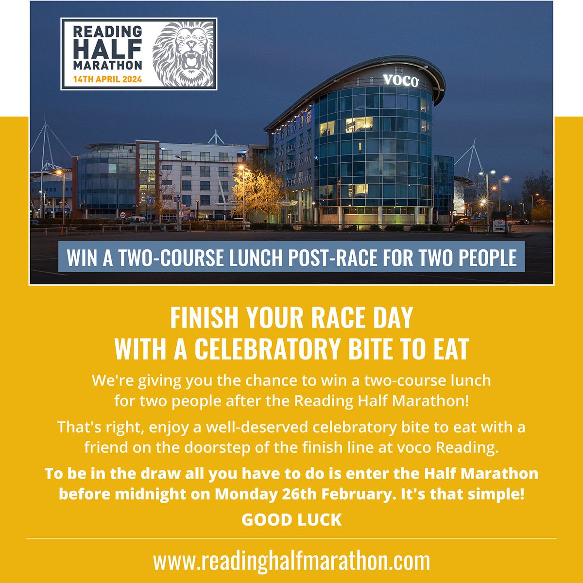 Last chance today Monday 26th Feb) ... enter the race before midnight to be in the draw for a post race lunch for 2 at race HQ, voco hotel Reading. Be a part of the action all day long!! readinghalfmarathon.com/pages/step-one…