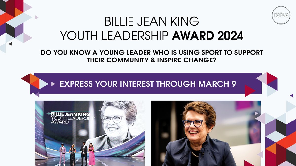 Express your interest for the 2024 @BillieJeanKing Youth Leadership Award now through March 9‼️ ESPN is seeking a total of 20 Regional Honorees, alongside 3 National Honorees, who are using sports to improve their communities. Learn more ➡️ bit.ly/49iLB9M
