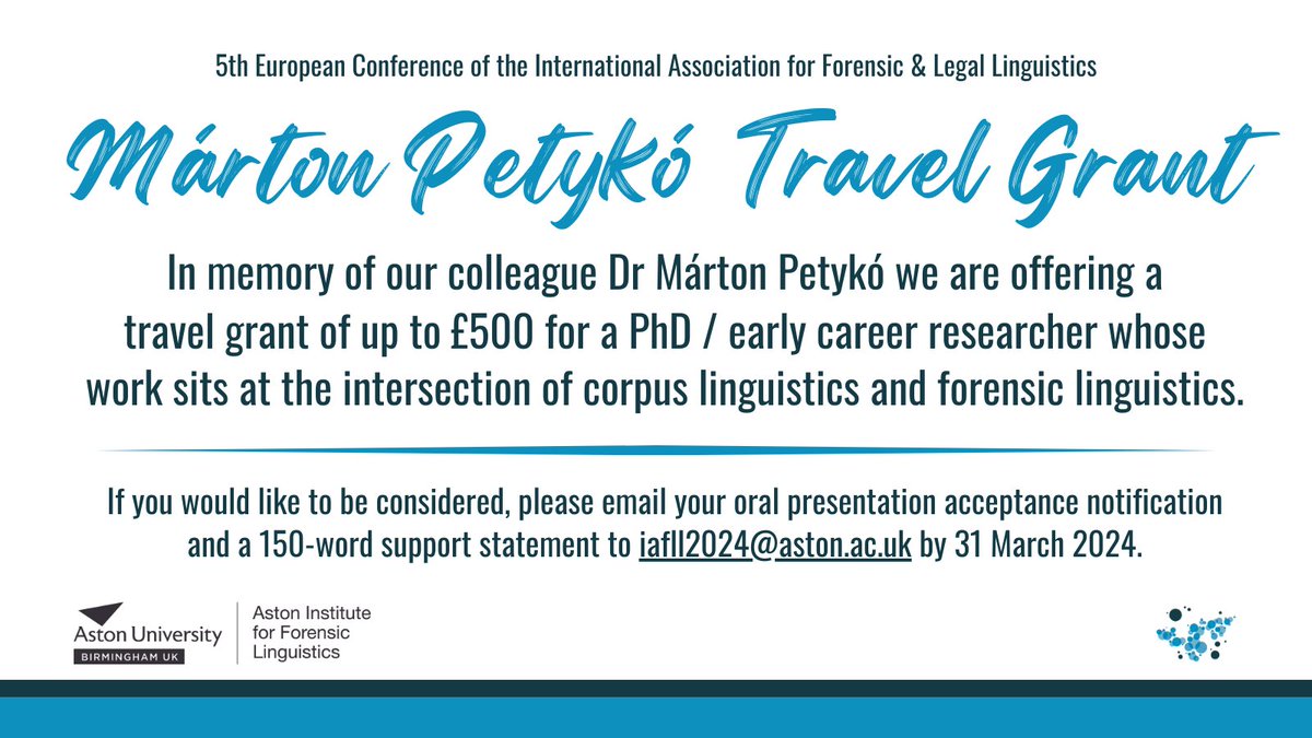 More #IAFLL2024 Conference news! 🎓 If you're a PhD / early career researcher whose work sits at the intersection of #CorpusLinguistics and #ForensicLinguistics you can now apply for the Márton Petykó Travel Grant (up to £500).