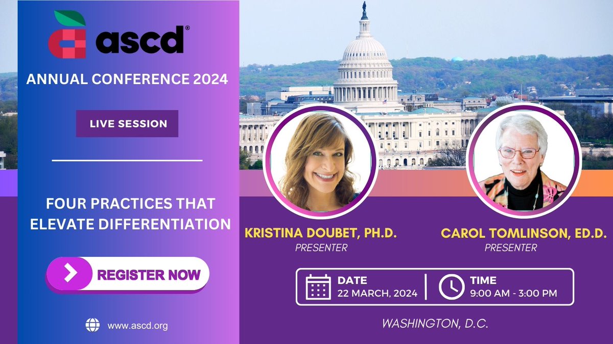 In this #ASCD24 Preconference Institute with Kristina Doubet (@kjdoubet) and Carol Tomlinson (@cat3y), participants will: 👉 Discover why and how the four practices that elevate differentiation matter for student success. 👉 Learn how to analyze examples of the practices using…