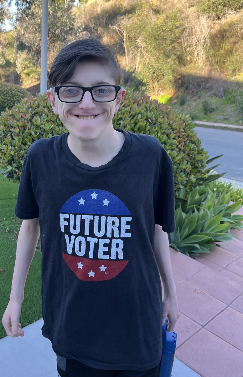 Last time wearing this shirt. Today he officially voted for the first time. Ethan signed to his lawyer and to the judge he wants to maintain his voting rights and it was granted. We spent the last 2 weeks going over the candidates and prop/measure. He is so proud to vote. #Vote