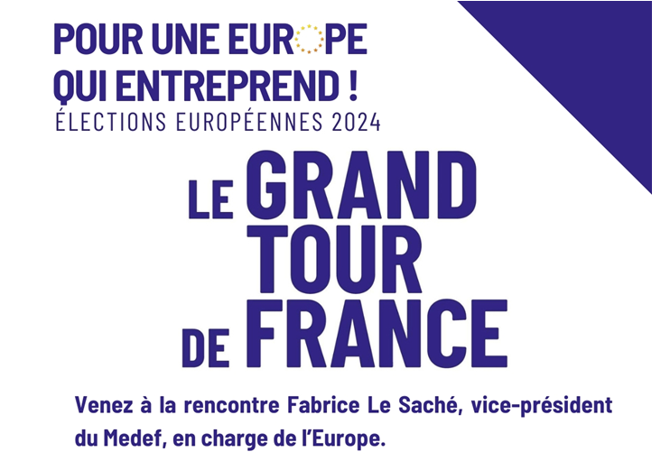 Bientôt chez nous, le Grand tour de France de <a href="/f_lesache/">Fabrice Le Saché</a> en vue des #ElectionsEuropeennes 
#innovation #souveraineté cc <a href="/Samueltual/">Tual Samuel</a> <a href="/MEDEFAnjou/">Mouvement des Entreprises de France #Anjou</a> <a href="/MEDEFVENDEE/">Mouvement des Entreprises de France #Vendée</a> <a href="/MedefSarthe/">MEDEF Sarthe</a> <a href="/MEDEF44/">Medef Loire-Atlantique</a> <a href="/medefcholetais/">MEDEF du Pays Choletais</a> <a href="/Medef53/">MEDEF Mayenne</a>