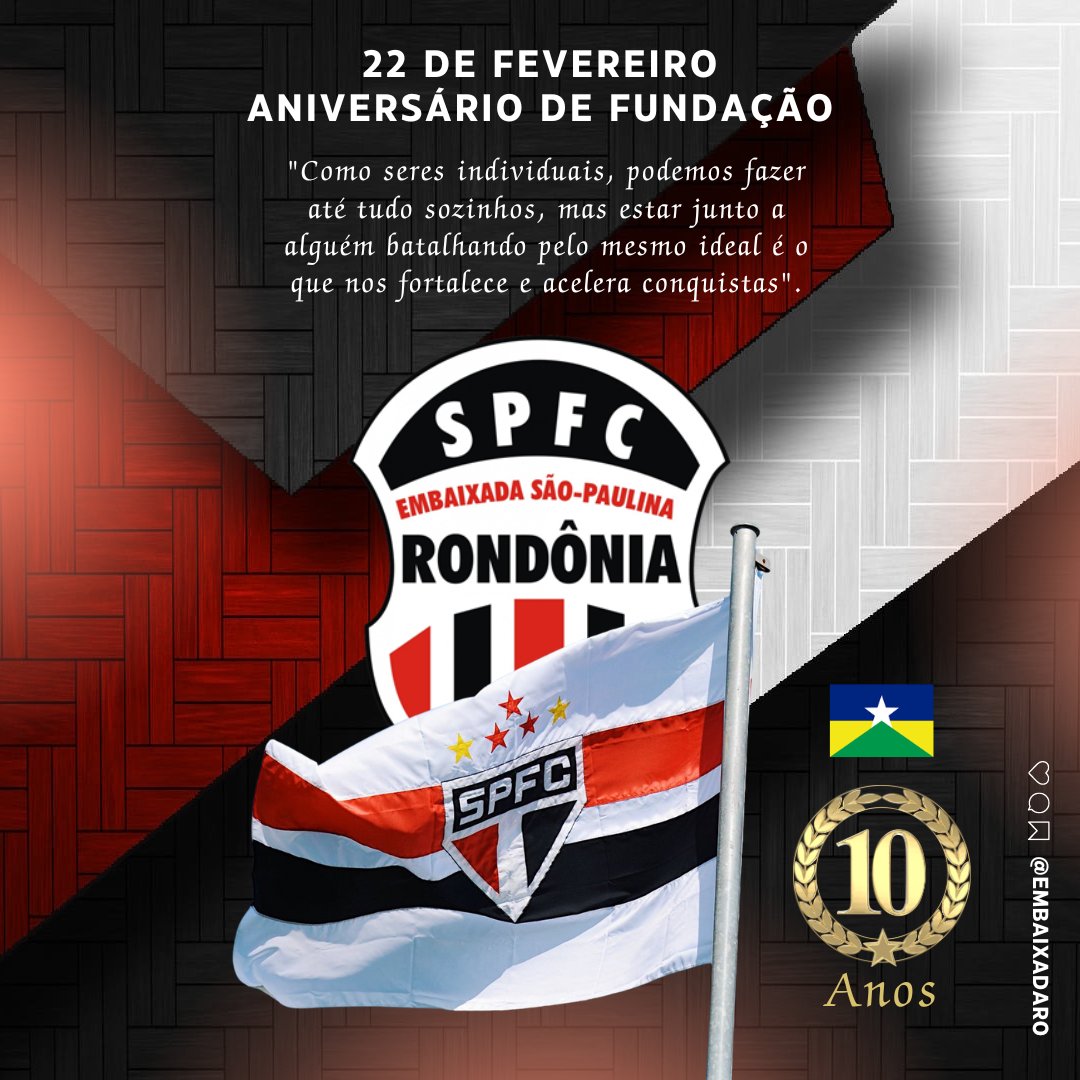 EmbaixadaRO's tweet photo. Hoje celebramos com grande emoção uma década de paixão, amizade e dedicação ao nosso amado @SaoPauloFC. São 10 anos, como associação, de uma jornada incrível, marcada por momentos de glória, superação e, acima de tudo, pela união que nos faz uma verdadeira família tricolor. https://t.co/p9izM2AjWX
