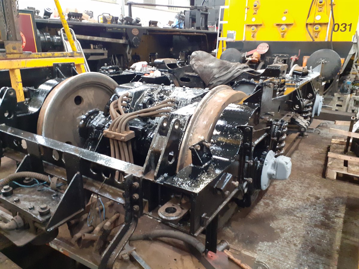 colin_walker68's tweet photo. Some good progress being made in @WorthValley #kwvr #Haworth #locodept on Class 20 031. Bulk of major body work welding is done. Paint being applied to bogie no 1, and soon refurbed bits will be bolted back on. Then of course there is still the matter of bogie no 2! 🤔 #shedlife https://t.co/Pn3BmmXPHg