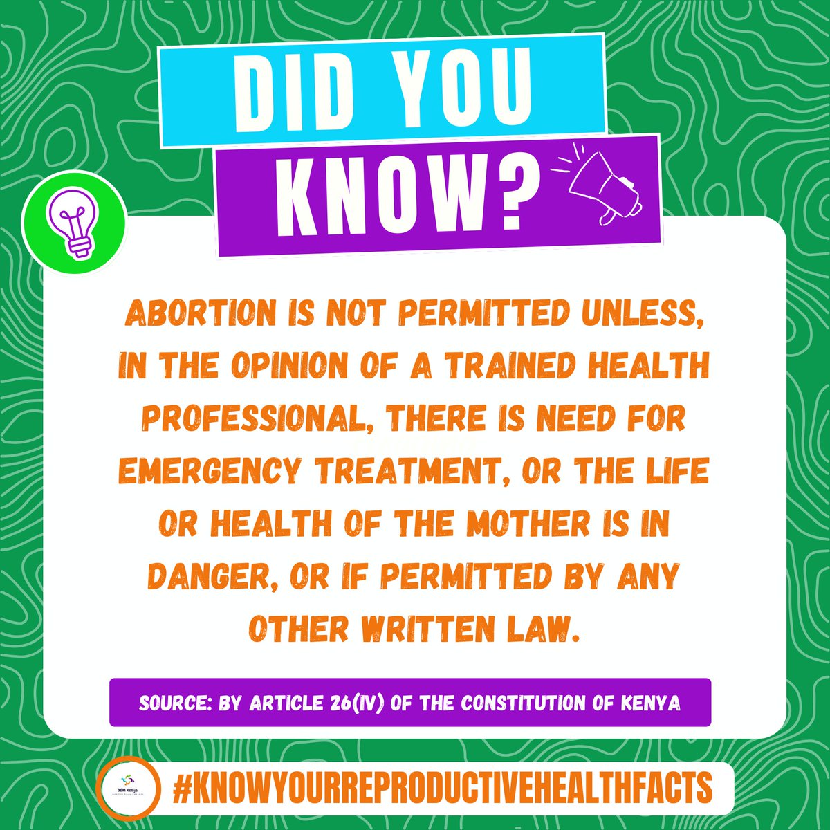 @_pink_shoes @rhnkorg @NAYAKenya @YourAuntyJane @NenaNaBinti @TheActionKenya @fidakenya @TICAH_KE @FemnetProg @lovemafrica Are you aware that Abortion is allowed when recommended by a qualified health professional, in cases of emergency treatment, when the life or health of the mother is at risk, or as authorized by other applicable written laws? #KnowYourReproductiveHealthFacts