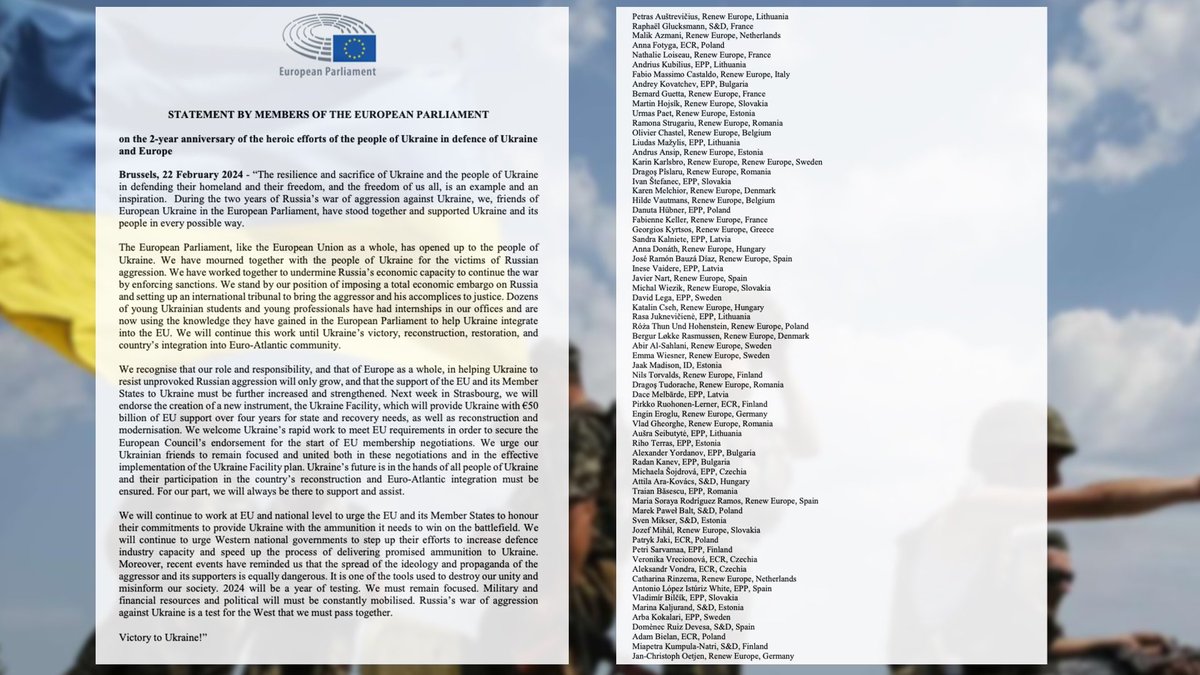 67 #MEPs on the 2-year anniversary of the heroic efforts of the people of #Ukraine in defence of Ukraine and Europe, call for imposing a total economic embargo on #Russia and setting up an international tribunal to bring the aggressor and his accomplices to justice. #24Feb2022