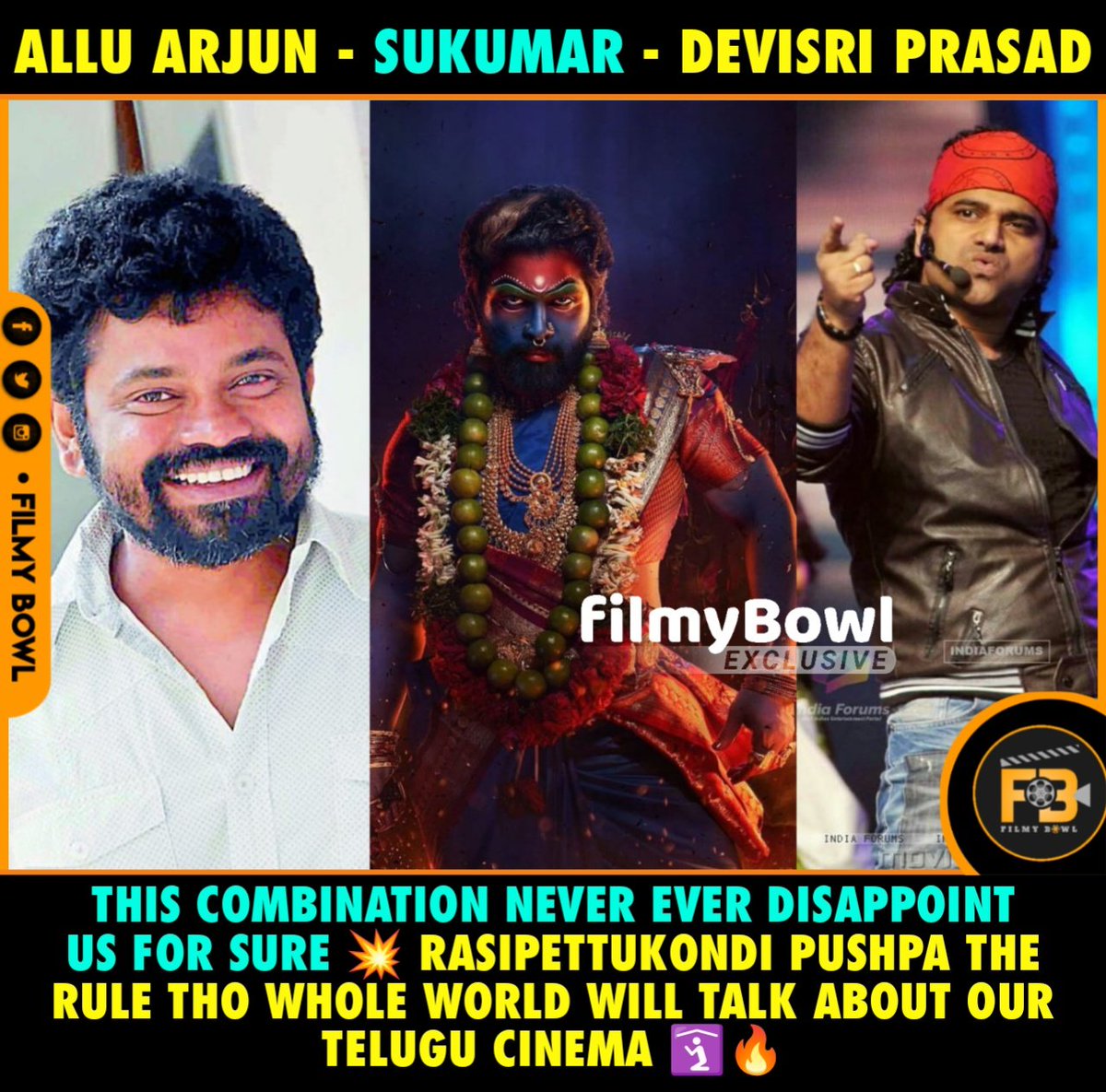 #AlluArjun - #Sukumar - #DeviSriPrasad 

This Combination Never Ever Disappoint us for sure 💥 Rasipettukondi #PushpaTheRule tho whole world will talk about our telugu cinema 🛐🔥

Gattiga Koduthunam 👊Rasipettukondi ✍️ All the movie lovers and especially allu Arjun fans 💥🔥🤙…