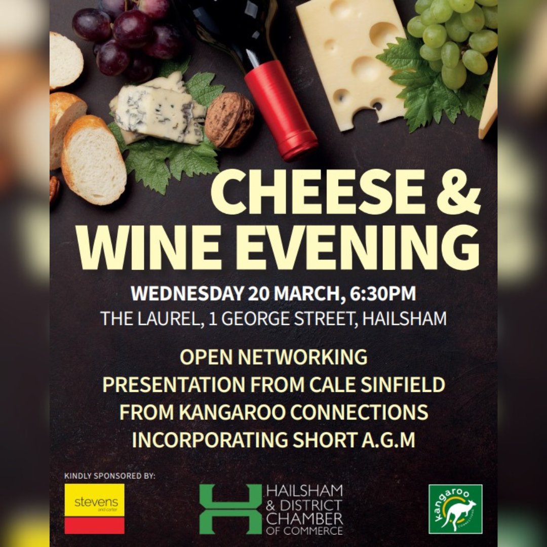 HailshamChamb's tweet image. ⭐Cheese &amp;amp; Wine Evening⭐  

📅Wednesday 20 March, 6.30pm 
📍The Laurel, 1 George Street, Hailsham 
🕡6.30pm  
🧀🥂 Complimentary Cheese &amp;amp; Biscuits and glass of bubbly
🎗️Kindly sponsored by Stevens &amp;amp; Carter 

BOOK NOW: bit.ly/Book-Cheese-Wi…  
#CheeseAndWine #NetworkingEvening
