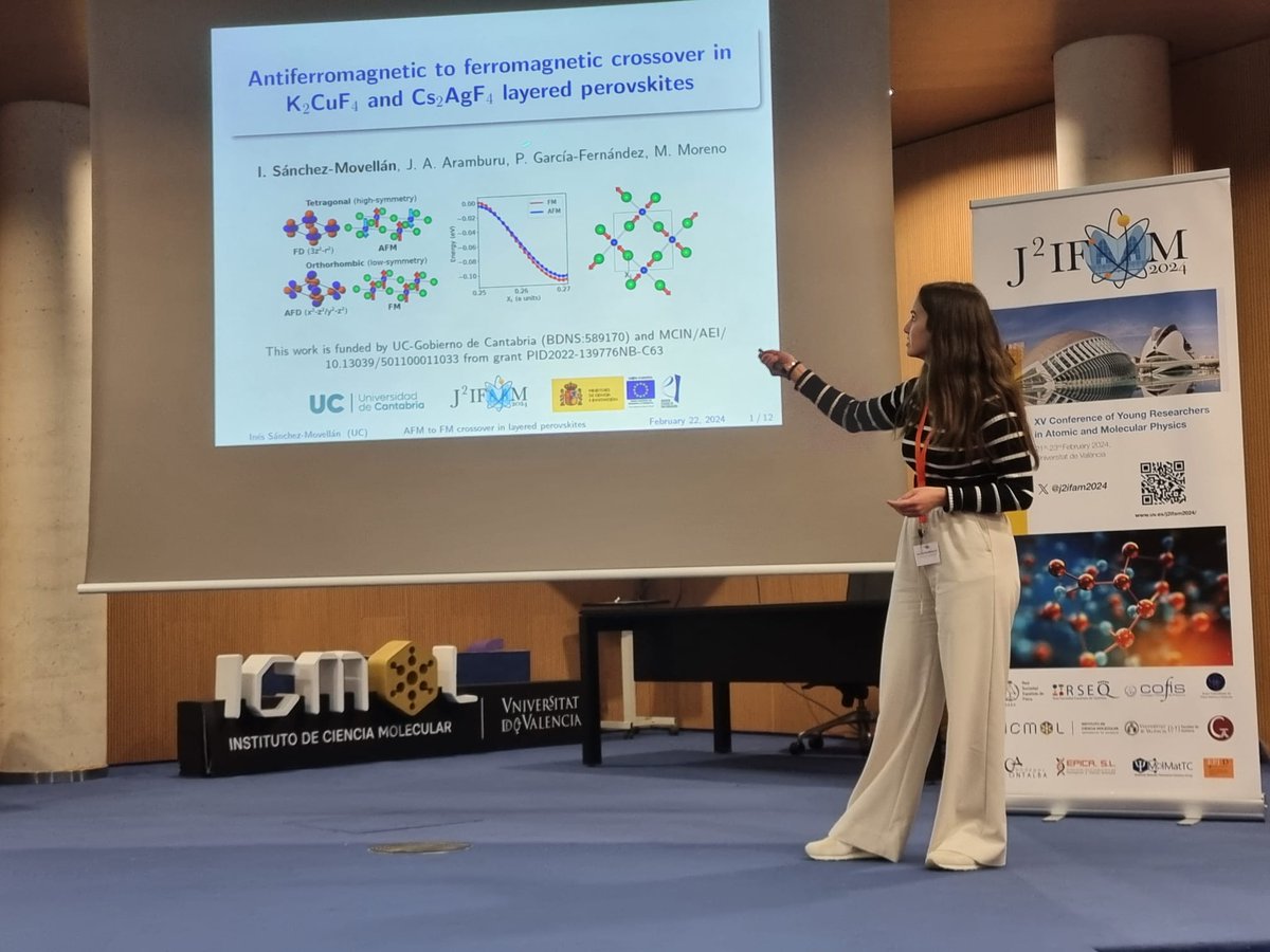 The last speaker of today is Inés Sanchez, from Universidad de Cantabria. She is presenting an oral communication with the title “Spin crossover in K2CuF4 and Cs2AgF4 layered perovkites” #J2IFAM2024