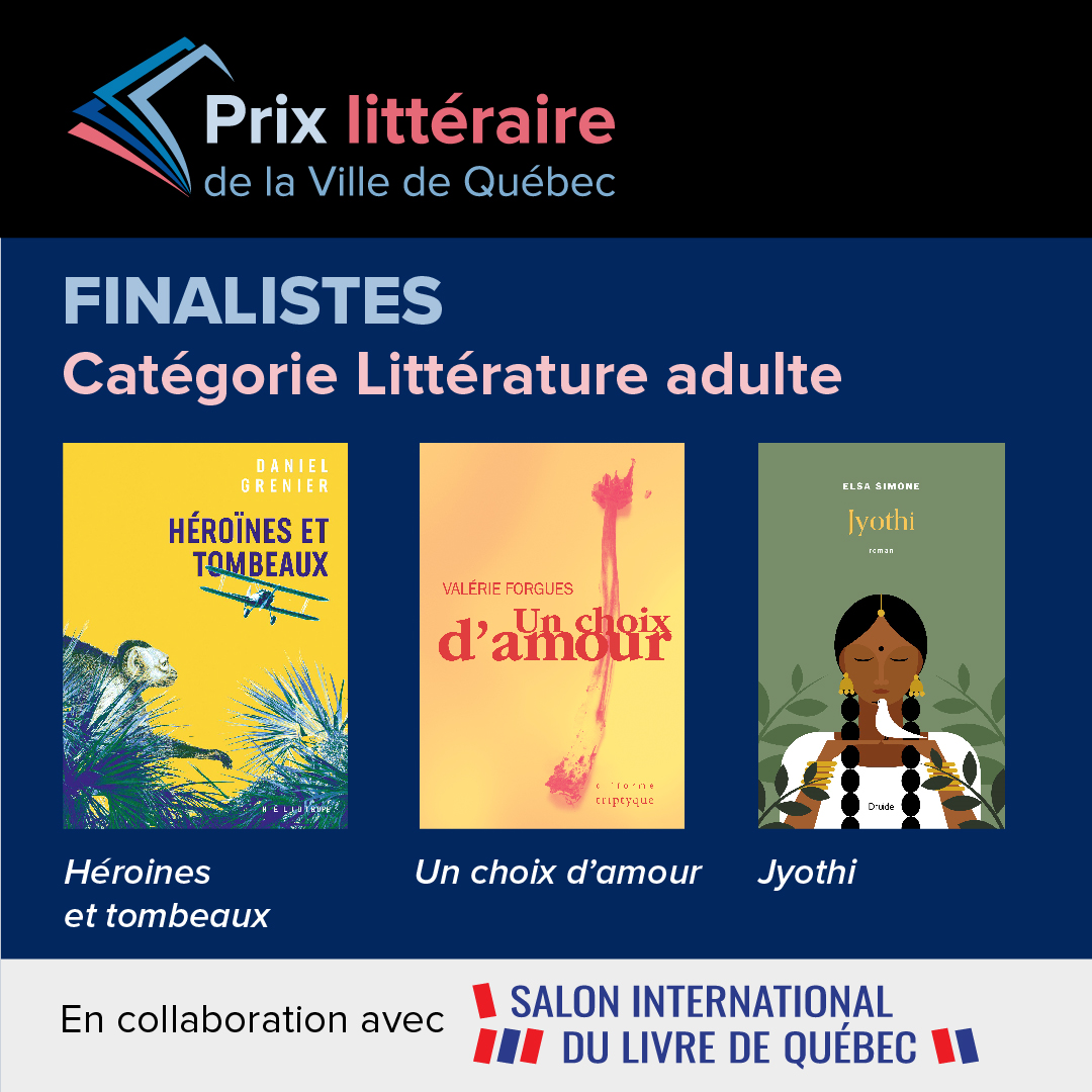 Vous dire ici ma joie de voir le roman Jyothi d'Elsa Simone, publié dans la collection Alinéa des éditions Druide, se retrouver parmi les finalistes du Prix Ville de Québec 2024. Félicitations aussi aux autres finalistes!