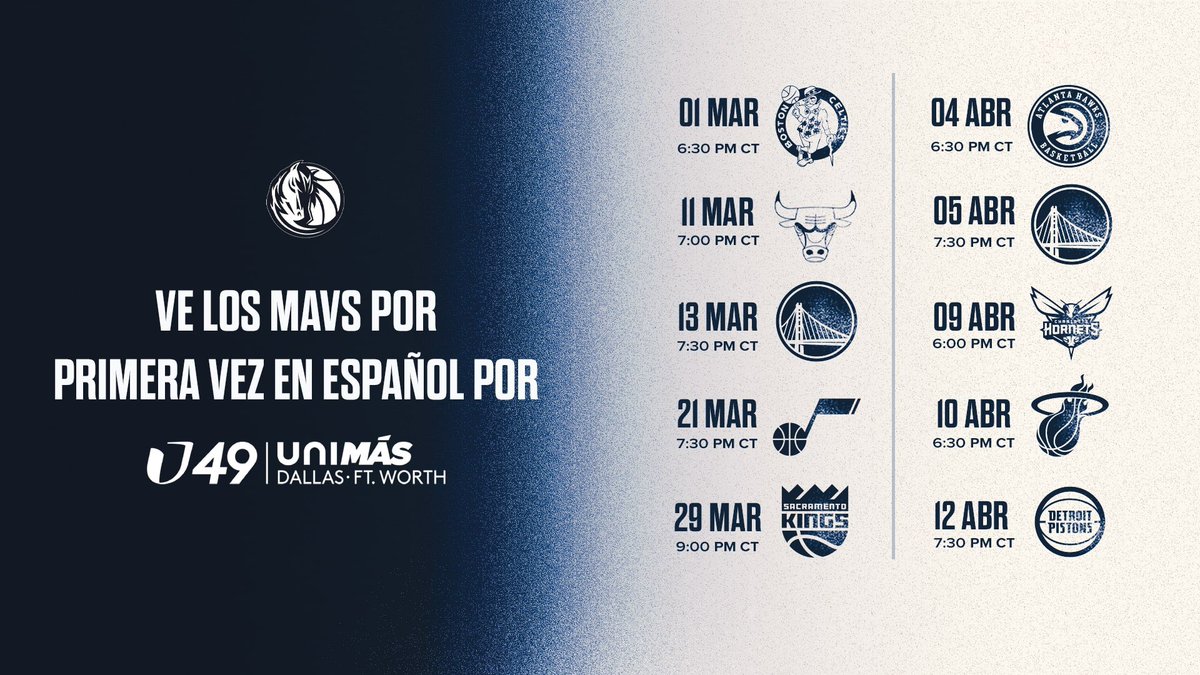 Por primera vez en la historia, los Dallas Mavericks anuncian que 10 partidos serán retransmitidos en español por UNIMÁS 49.

¡A partir del 1 de marzo, no te pierdas los Mavs en español! Agenda completa en Mavs.com