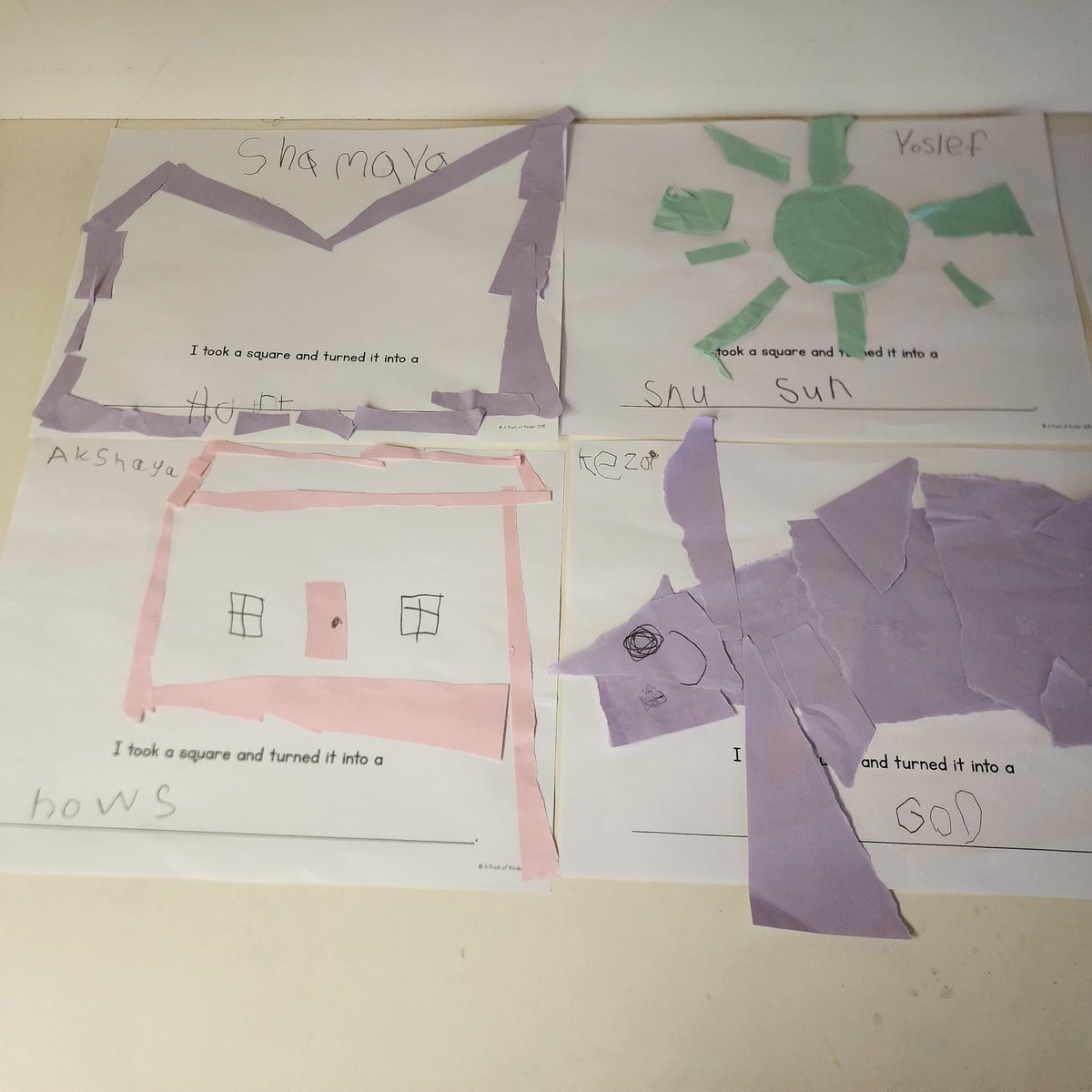 After reading Perfect Square by Michael Hill, students were given a square. They could do whatever they wanted to their square to make a new picture. Here are some of our creations! Thanks for the template <a href="/apinchofkinder/">Yukari Naka</a>