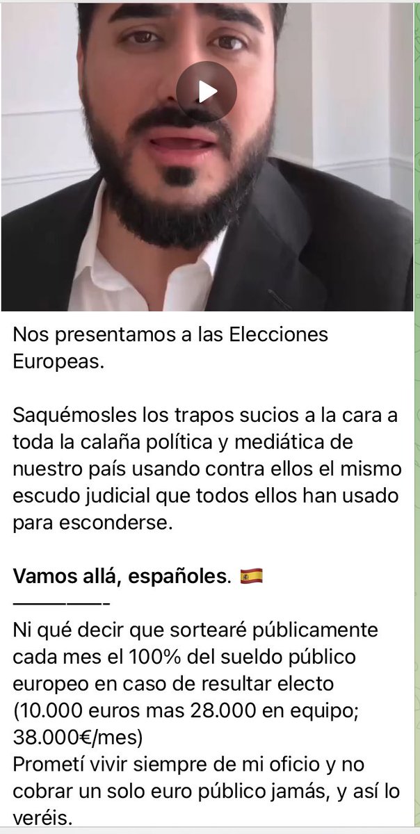 Velherro's tweet photo. Alvise dice que se presentará a las europeas, y sorteará todos los meses el sueldo que reciba, emulando a Milei. Me gustaría saber si los dirigentes de la #Plataforma6F le acompañarán en la candidatura. Lo que está claro es que restará muchos votos a @vox_es https://t.co/WMx4AA8w9K