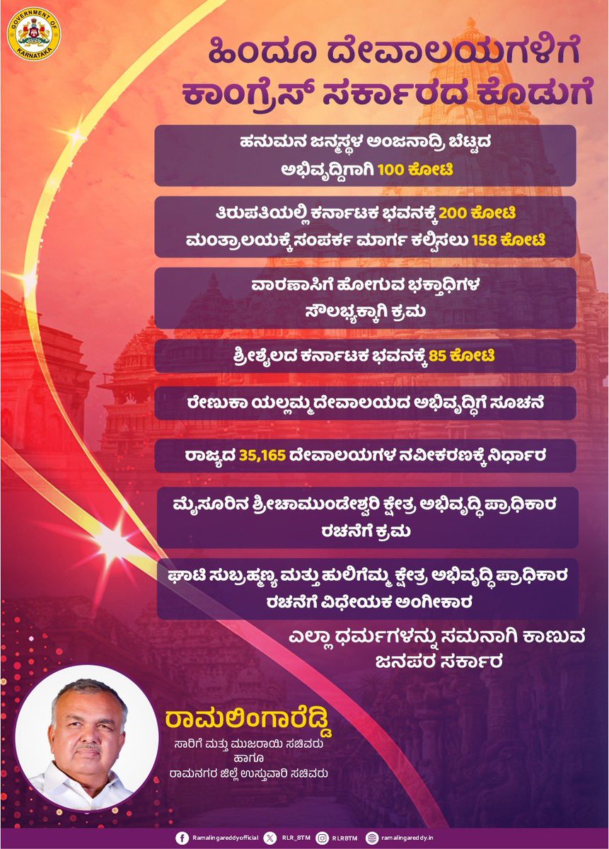 RLR_BTM's tweet photo. ಹಿಂದೂ ದೇವಾಲಯಗಳಿಗೆ ಕಾಂಗ್ರೆಸ್ ಸರ್ಕಾರದ ಕೊಡುಗೆ. 

#RamalingaReddy #Karnataka #HinduTemples #Temples https://t.co/OjQo7gDa7c