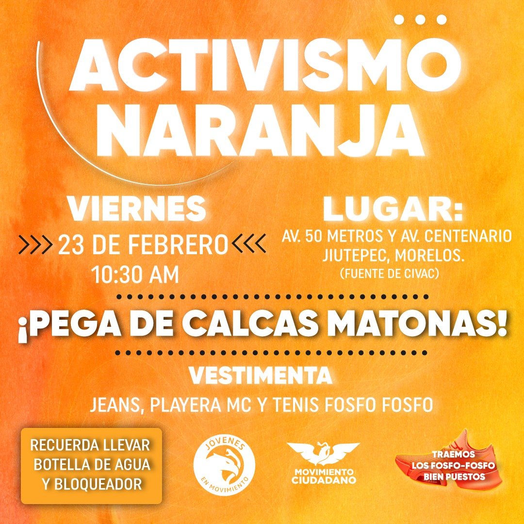 MovCiudadanoMor's tweet photo. 🍊💪 Este viernes 23 de febrero, a las 10:30 hrs, la #CalcaMatona llega a la fuente de Civac en Jiutepec (a 50 metros del centro y Av. Centenario). ¡Te esperamos para sumarte! #LoNuevo apenas comienza #ElFuturoEsNaranja #MásPuestosQueNunca #MovimientoCiudadanoMorelos https://t.co/r8h0Uz8Wpl