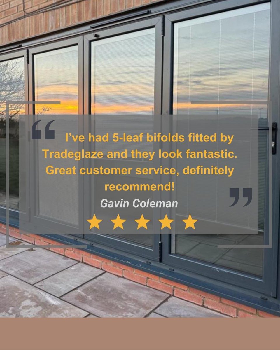 Another day, another 5* customer review ☺️. Thank you for choosing Tradeglaze, Mr Coleman, and for taking the time to share your experience with others!

View our range of award-winning bifold doors 👉 tradeglaze.co.uk/doors/aluminiu….