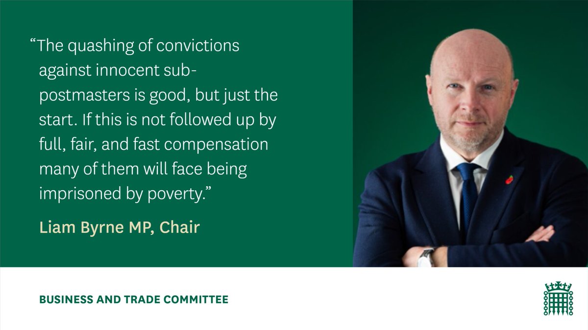 🗨️Following the Government’s announcement of its legislative plans to overturn the convictions of innocent former sub-postmasters, our Chair @liambyrnemp warned many could be 'imprisoned by poverty' without full compensation. #PostOfficeHorizon