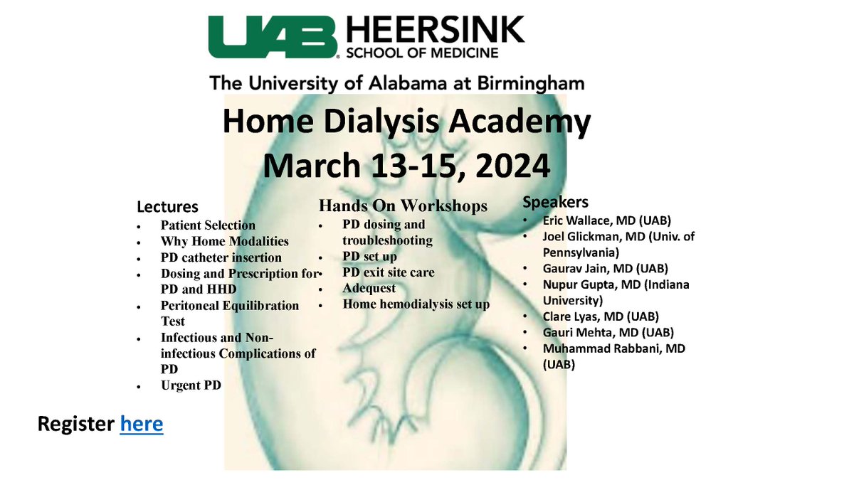 UAB Nephrology (@uab_nrtc) on Twitter photo <a href="/UAB_NRTC/">UAB Nephrology</a> 20th Anniversary of the Annual Home Dialysis Academy at UAB Campus:
March 13-15, 2024. <a href="/ClareLyas/">Clare Lyas</a>
Details 👇👇👇uab.edu/medicine/nephr…
Registration: apps.medicine.uab.edu/ElectronicPaym… <a href="/UAB_NRTC/">UAB Nephrology</a> 20th Anniversary of the Annual Home Dialysis Academy at UAB Campus:
March 13-15, 2024. <a href="/ClareLyas/">Clare Lyas</a>
Details 👇👇👇uab.edu/medicine/nephr…
Registration: apps.medicine.uab.edu/ElectronicPaym…