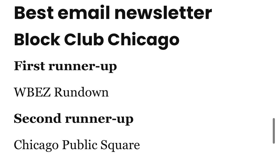 Wow! Thanks to everyone who voted <a href="/BlockClubCHI/">Block Club Chicago</a> Chicago’s Best Newsletter + Best Indie Site in <a href="/Chicago_Reader/">Chicago Reader</a>’s “Best Of” guide! chicagoreader.com/best-of-chicag…

We’re in good company w/ our friends <a href="/WBEZ/">WBEZ</a> + <a href="/ChiPublicSquare/">Chicago Public Square</a>✨

Sign up for our free newsletter: blockclubchicago.org/newsletters/