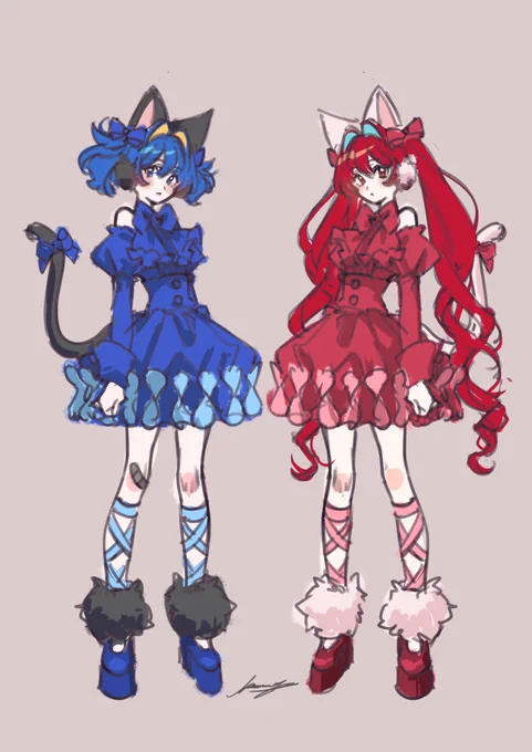 赤青セットコーデ見たくて描いた 