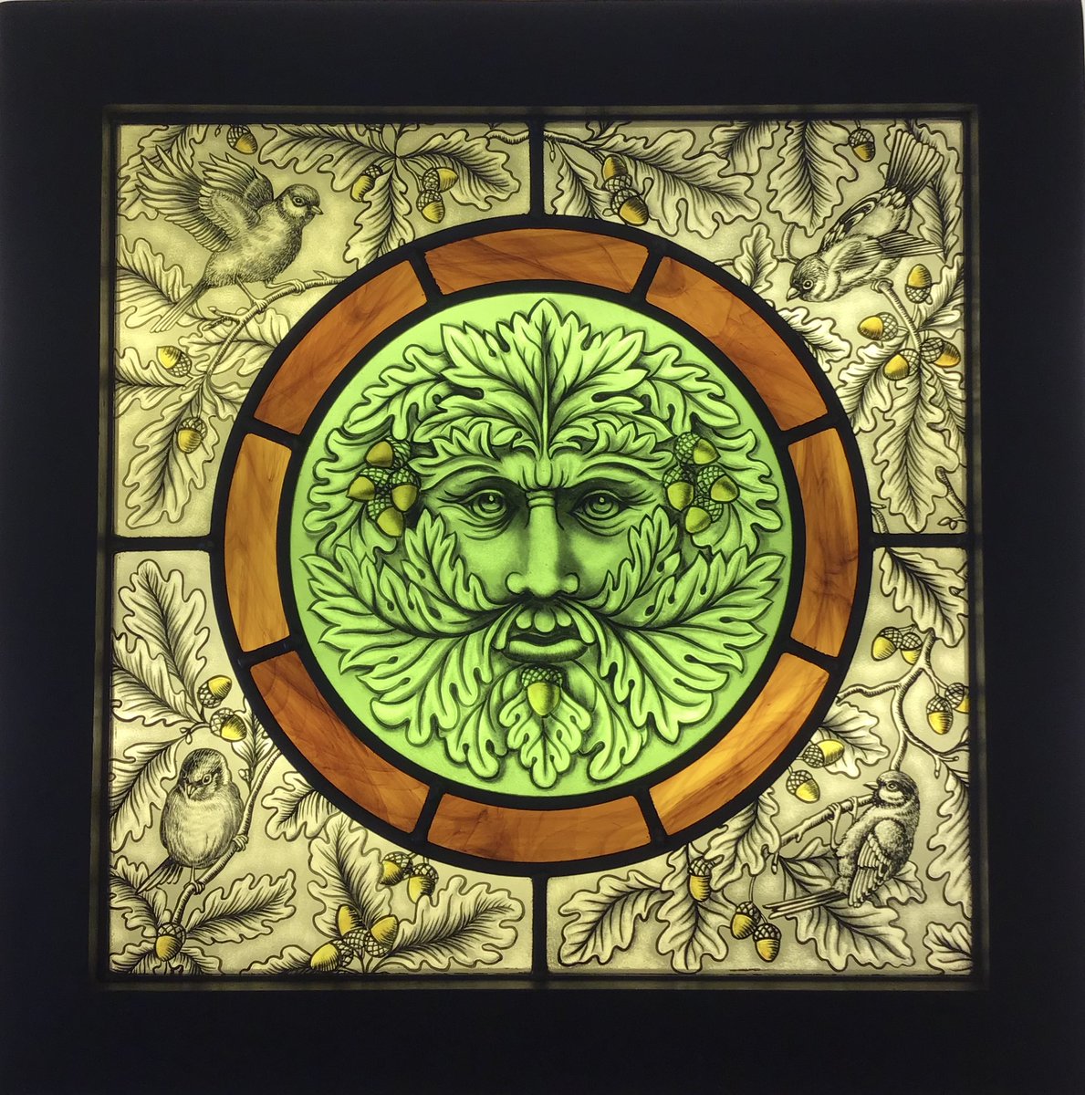 Green Man with Birds, Stained Glass Panel 🌿#stainedglass #suncatcher #greenman #green #spring #rebirth #decorativeart #birds #leaves #acorns #hastings #nature #mythology #glassart #interiors #window